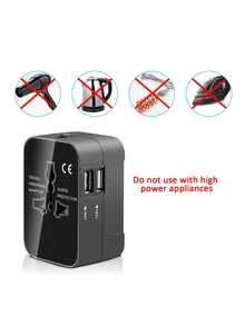 一体式通用旅行适配器，带双 USB 端口，110V-240V 输入，欧盟/美国/英国/澳大利亚插头，防浪涌保护，适用于 150 多个国家/地区，是商务旅行和度假的必备品