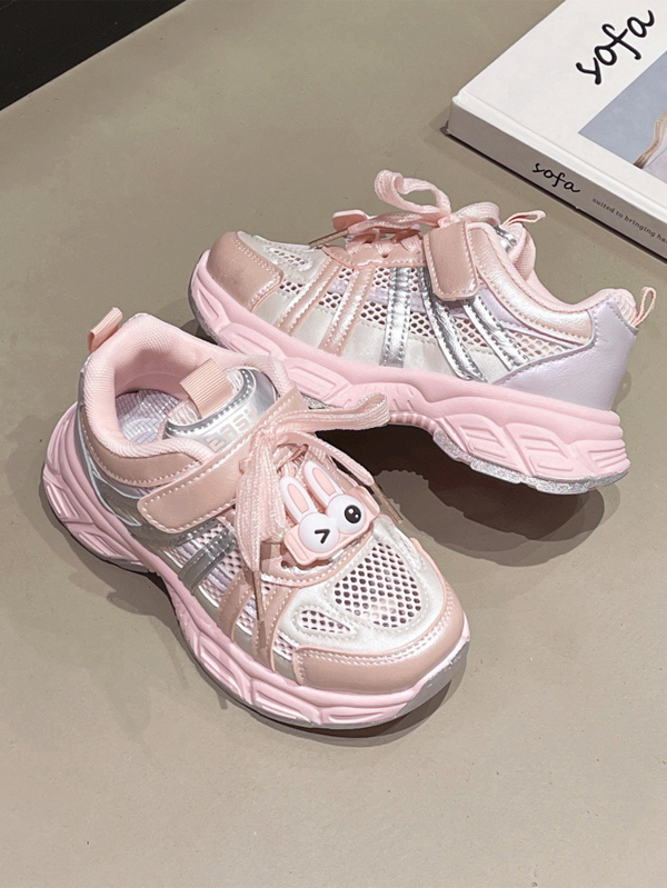 Girls' Breathable Mesh Bunny Decor Ribbon Old Chunky Sneakers, Casual Sports Shoes For Spring, Summer, Autumn