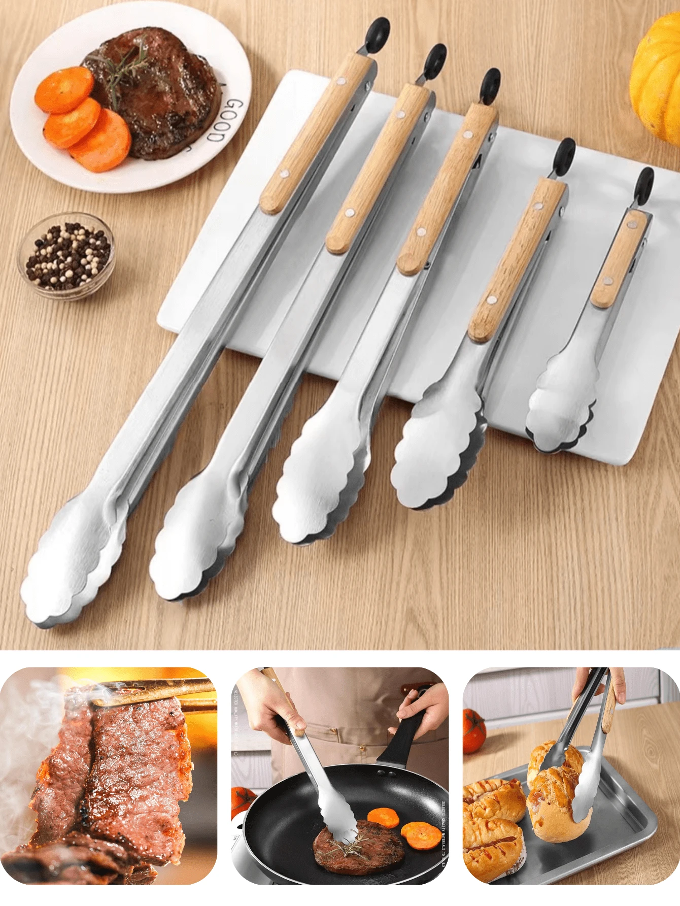 1pc Stainless Steel & Wooden Food Tongs, BBQ Tongs, Kitchen Tongs, Korean BBQ Tongs, Wooden Handle Steak Tongs, Extra Long Cooking Food Tongs, For Home, Outdoor, Picnic, Hotel, Kitchen Utensils, Gourmet, Household