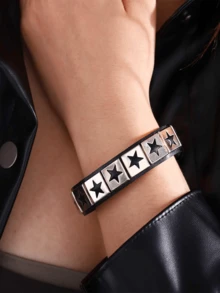 1/3/4pcs Adjustable Punk Rock Rivet Leather Bracelet Set, 80s Emo Style Artificial Leather Fashion Accessories For Men - Black - View 9