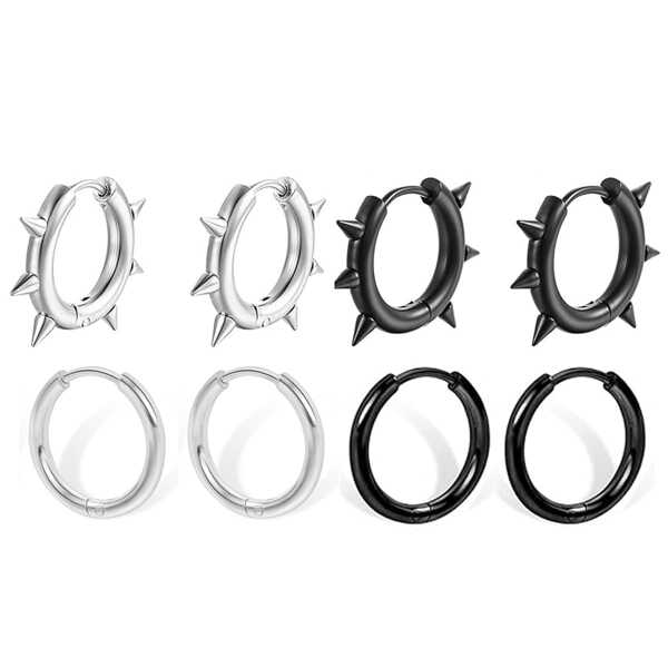 8 Pcs/Set Stainless Steel Stud Hoop Earrings Women Men Gold Silver Black Plated Punk Statement Gothic Rivet Cone Stud Ring Hypoallergenic Minimalist Earrings Party Holiday Jewelry Gift