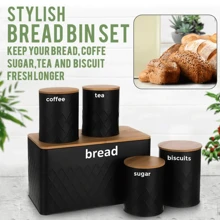 5pc-Kitchen Set Bread Bin Tea Coffee Sugar Tins Biscuit Barrel Sealed Containers Utensils