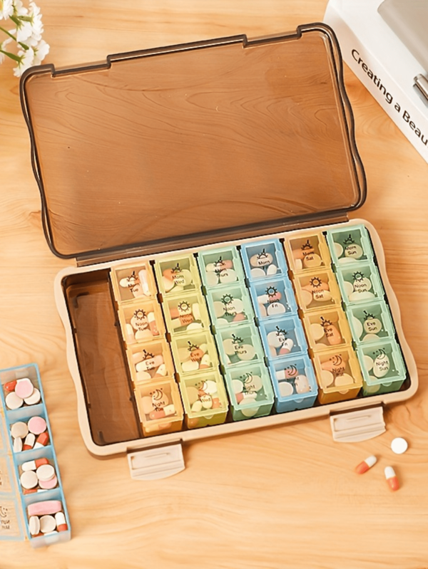 Organizador de medicamentos para 7 días con 3/4 tomas diarias (mañana/mediodía/noche/hora de acostarse) - Planificador semanal de medicación portátil y amigable para viajes, diseño amigable para personas mayores y regalo del Día de la Madre