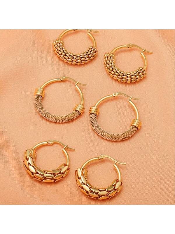 6pcs European And American Popular Net Disc Earrings, Stainless Steel Neo-Chinese Style Ear Hoops