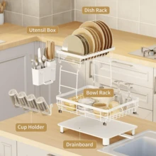 Kitchen 2 Tier Dish Rack With Drainboard, 1 Count Countertop Dish Drying Rack, Dish Storage Rack With Cutlery Holder, Kitchen Storage Supplies - Gray. - View 5