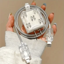 Bộ phụ kiện sạc 5 món thiết kế nơ và hạt cườm bạc, bảo vệ bộ sạc 20W/18W, bao cáp, vỏ adapter, tương thích với bộ sạc . - bướm bạc - Xem 4