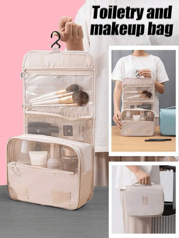 1 Stück Reise-Make-up Tasche mit Haken, Kosmetikpinsel Etui, Make-up Organizer, Parfüm Aufbewahrungsbox, vielseitige Aufbewahrungstasche für Toilettenartikel, Kosmetik, Schmuck, Elektronik, geeignet für Lippenstift, Make-up Pinsel, Lidschatten, Spiegel, Eyeliner, Lipgloss, Hautpflege, Zahnbürste, Seife, Shampoo, Kamm, Uhr, Handy, Halskette, für Sommerurlaub und Reise Badezimmer Deko Make-up Organizer