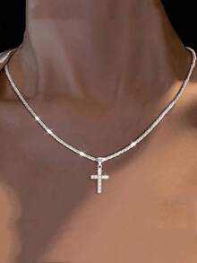 1 件时尚镀银短项链，带小吊坠十字架，不褪色珠宝礼物，情侣款 - 銀色 - 查看 6