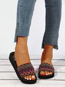 Sandalias planas de deslizamiento con banda elástica y suela blanda para mujer, cómodas para interiores/exteriores, adecuadas para diario, fiesta, playa - Negro - Ver 3