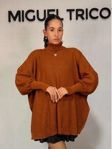 Women's Knitted Poncho High Neck Side Slit Fang Stitch Winter Fashion 2025 - 鏽 - 查看 4