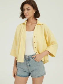 春夏休闲办公奶油黄宽袖衬衫初秋七分袖宽松衬衫上衣街头风上衣沙滩度假装女式优雅衬衫 - 黃色 - 查看 4