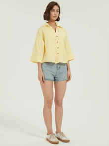 春夏休闲办公奶油黄宽袖衬衫初秋七分袖宽松衬衫上衣街头风上衣沙滩度假装女式优雅衬衫 - 黃色 - 查看 11