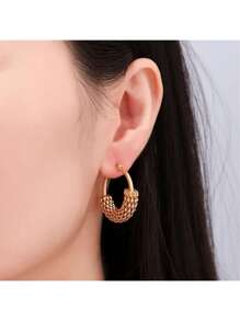 6pcs European And American Popular Net Disc Earrings, Stainless Steel Neo-Chinese Style Ear Hoops