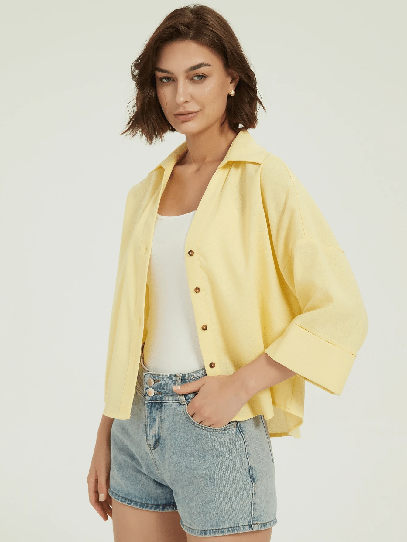 春夏休闲办公奶油黄宽袖衬衫初秋七分袖宽松衬衫上衣街头风上衣沙滩度假装女式优雅衬衫 - 黃色 - 查看 1