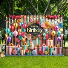 1 Stück bunte Ballon Geschenk Geburtstag Hintergrund Stoff Banner, geeignet für Geburtstagsfest Dekoration, Garten Dekoration, Wand Dekoration, Heim Dekoration, Innen- und Außenbereich Dekoration