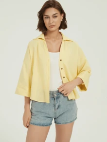 春夏休闲办公奶油黄宽袖衬衫初秋七分袖宽松衬衫上衣街头风上衣沙滩度假装女式优雅衬衫 - 黃色 - 查看 7