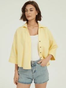 春夏休闲办公奶油黄宽袖衬衫初秋七分袖宽松衬衫上衣街头风上衣沙滩度假装女式优雅衬衫 - 黃色 - 查看 5