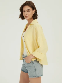 春夏休闲办公奶油黄宽袖衬衫初秋七分袖宽松衬衫上衣街头风上衣沙滩度假装女式优雅衬衫 - 黃色 - 查看 8