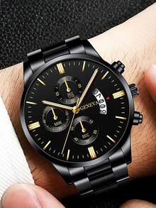 时尚男士休闲不锈钢石英表带日历 - 彩色 - 查看 2