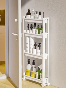 HOUSHELIF 节省空间的纤薄型9.5厘米/3.74英寸宽白色带轮厨房和浴室推车。窄型门后滚动式储物架，适用于带可锁定轮子的小空间。