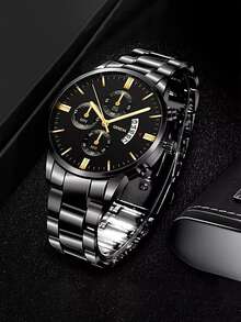 时尚男士休闲不锈钢石英表带日历 - 彩色 - 查看 3