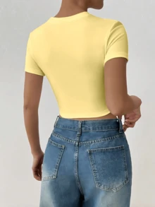 Áo thun ngắn tay dáng ôm in hình cá nhiệt đới phong cách Y2K, thích hợp mặc đi biển/nghỉ mát, áo thun nữ mùa hè. - Màu vàng - Xem 2