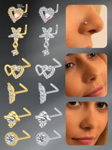 CIZME 1PC Nose Studs For Women Nose Rings Studs Nostril Nose Piercing Jewelry L Shaped Nose Studs Nose Rings Stainless Steel Y2K Silver Gold White Pink L Shape Nose Screw Nose Studs Heart Flower Crown Leaf Nose Stud
