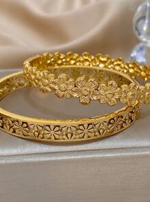 18K Gold Plated Stainless Steel Elegant Floral Bangle Set For Women - Vintage Carved & Cutout Flower Cuff Bracelets, Mom Gift, Teacher Gift, Summer Travel Beach Jewelry, Boho Jewelry, Rave/Prom/Party/Daily Accessories, Back To School Gift, Birthday Gift, Bridesmaid Gifts, Pride Accessories