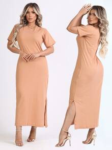 Kit 2 Women's Dress With Side Slit And Short Sleeve Midi 100% Cotton Elegant Casual Fashion - 葡萄酒 - 裸體 - 查看 7