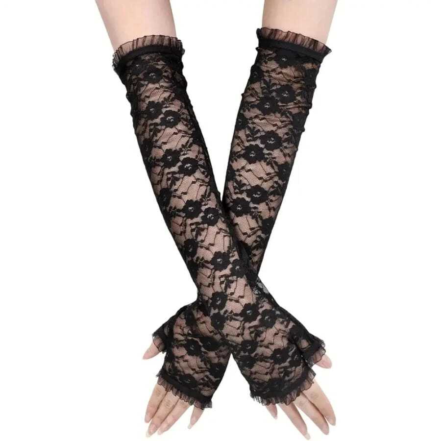 1 双长款露指蕾丝袖套，适合驾驶、骑行时防晒，万圣节派对装饰 - 黑色 - 查看 1