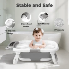 Senmeo 1PC Collapsible Baby Bathtub With Soft Cushion & Thermometer - Portable Travel Infant Tub For Newborn To Toddler (0-36 Months) - Non-Slip, Durable & Includes Floating Pad - 灰色 - 查看 5