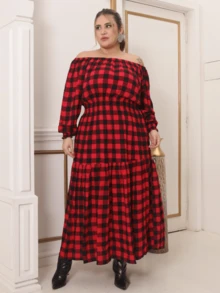 Plus Size Long Sleeve  Elastex Dress - Red Chess - View 4