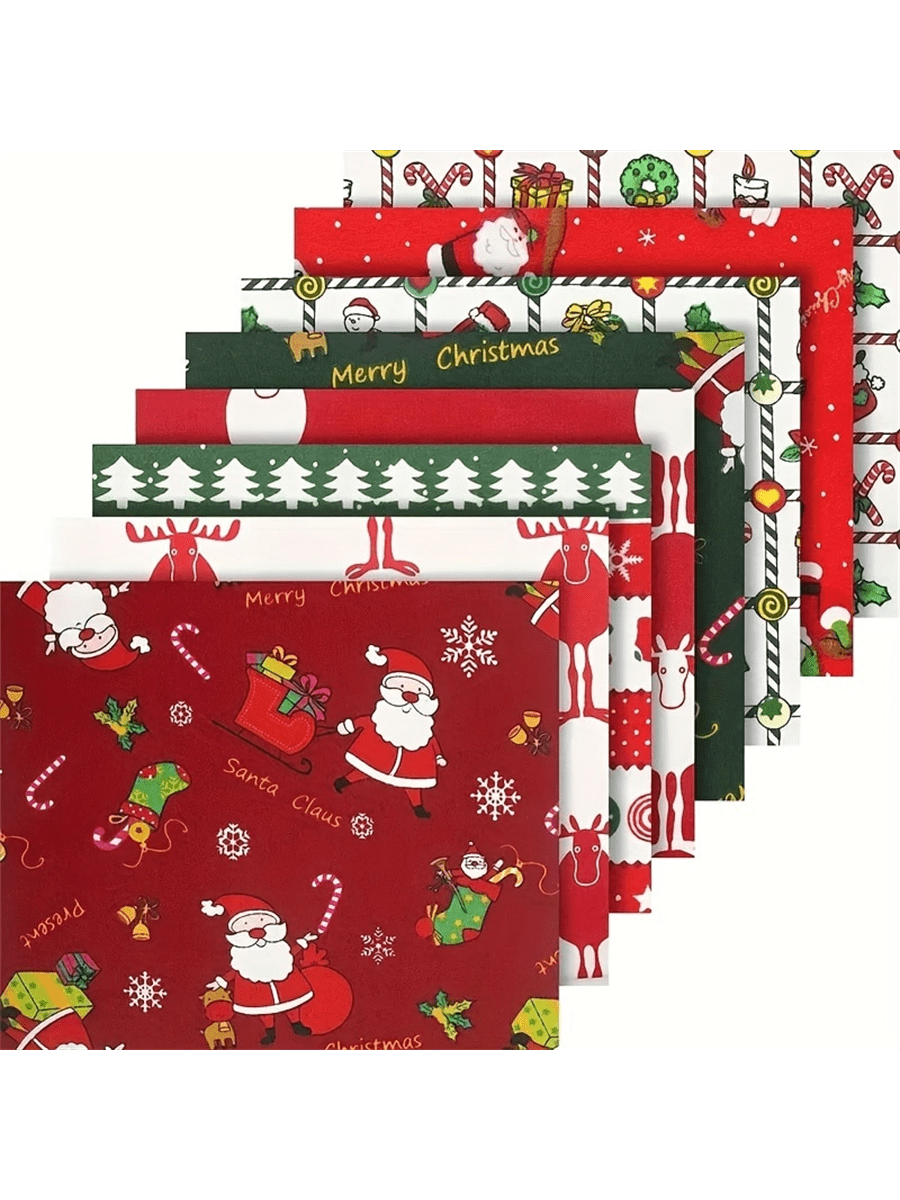 Pacote com 8 peças de tecido quadrado para quilting natalino, costura, quilting, artesanato, diferentes padrões de Natal, patchwork para costura de Natal DIY para presentes de Natal