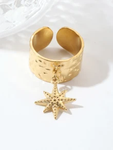 1pc Titanium Steel Open Snowflake Pendant Ring, Suitable For Daily Wear, Christmas Gift - Yellow Gold - View 8