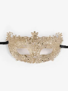 1pc Black Flat Glitter Venetian Lace Masquerade Mask, Costume Accessory Halloween