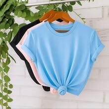 Kit 3 T-Shirts Basic Women's T-Shirt 100% Cotton 30.1 Various Colors Wide And Loose For Everyday Use - Xanh nhạt/Hồng nhạt/Đen - Xem 1