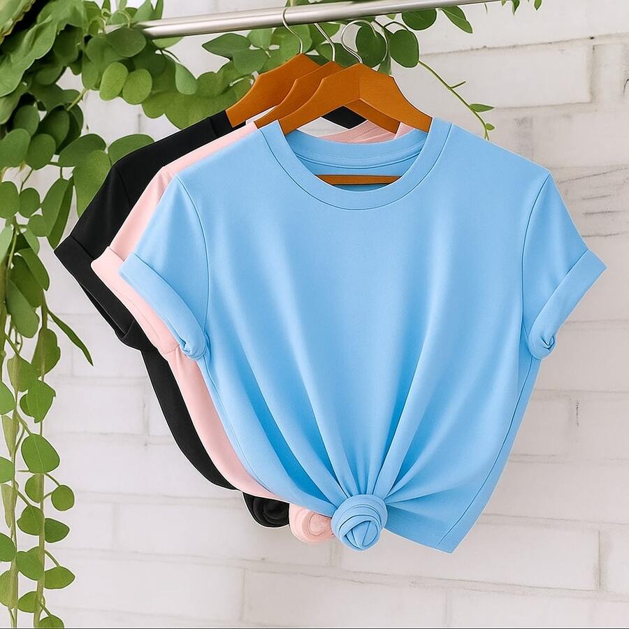 Kit 3 T-Shirts Basic Women's T-Shirt 100% Cotton 30.1 Various Colors Wide And Loose For Everyday Use - Xanh nhạt/Hồng nhạt/Đen - Xem 1