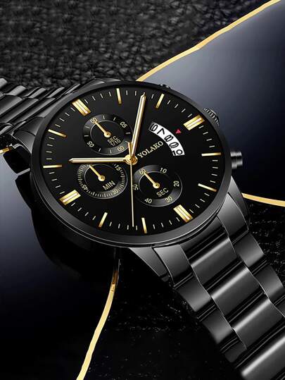 Reloj de cuarzo de acero inoxidable casual de moda para hombres con calendario