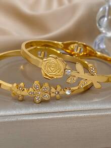 18K 镀金不锈钢花卉手镯套装，女士适用 - 浪漫玫瑰和雏菊 CZ 手镯，镶嵌钻石切割锆石，是妈妈礼物、教师礼物、夏季旅行海滩珠宝、波西米亚风格珠宝、狂欢/舞会/派对/日常配饰、返校礼物、生日礼物、伴娘礼物 - 彩色 - 查看 2