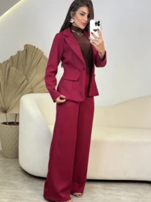 WOMEN'S TAILORED SET BLAZER WITH PANTS ELEGANT CLASSIC PREMIUM AUTUMN WINTER - 酒紅色 - 查看 2