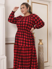 Plus Size Long Sleeve  Elastex Dress - Red Chess - View 3