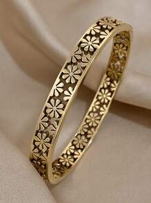 18K Gold Plated Stainless Steel Elegant Floral Bangle Set For Women - Vintage Carved & Cutout Flower Cuff Bracelets, Mom Gift, Teacher Gift, Summer Travel Beach Jewelry, Boho Jewelry, Rave/Prom/Party/Daily Accessories, Back To School Gift, Birthday Gift, Bridesmaid Gifts, Pride Accessories