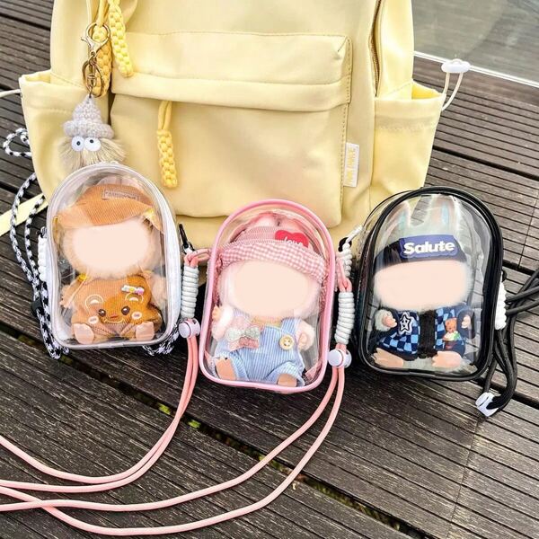 15cm Plush Toy Protective Case With Canvas, For Labubu A Second-Generation Sitting And Crossbody Bag, PVC Transparent Crossbody Bag, And A Dust-Proof Storage Bag