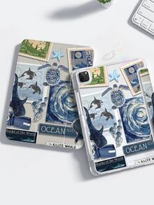 A Beautiful And Cute Blue Shark, Turtle, And Jellyfish Double-Sided Color-Painted Acrylic Transparent Crystal Back Cover, Shockproof, Suitable For IPad 7th Generation, 8th Generation (10.2 Inches), 10th Generation Protective Cases, Built-In Pen Slot, Supports Sleep And Wake-Up Functions, Holiday Gift, New Year Gift.