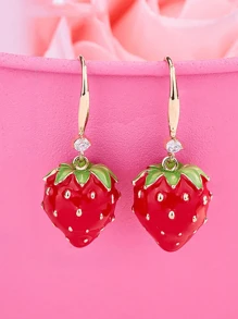 1 Pair Women Elegant Cute 3D Strawberry With Rhinestone Earrings