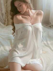 Sexy Lingerie Pajama Women Summer Thin Style Sexy Private Room Boyfriend Wind Shirt Short Sleeve Large Size Ice Silk Nightdress Sexy Lingerie Set