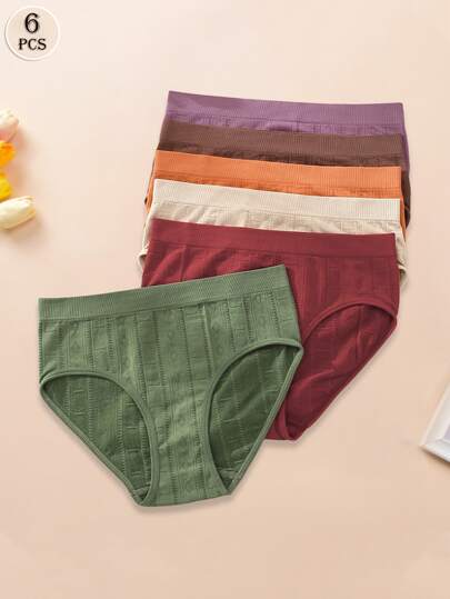 6pcs Women Seamless Breathable Mesh Panties, Solid Color High Stretch Comfort Underwear