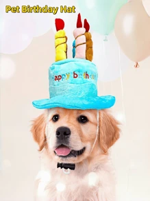 1 Stück weiches Plüsch Geburtstagskuchen Stirnband für Katzen/Hunde - Thema in Blau & Pink mit Regenbogen Kerzen, perfekt für Haustier Geburtstagsfoto & Feierlichkeiten
