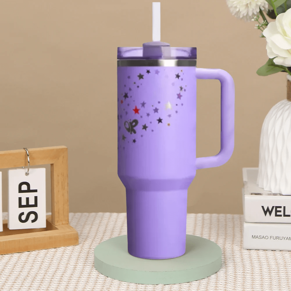 pokemon Vaso térmico de 40 oz de acero inoxidable con aislamiento al vacío, patrón de estrellas morado, taza de viaje de gran capacidad térmica