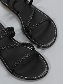 Plus Size Women Woven Flat Sandals, Beach Slippers, European And American Style - Black - View 6